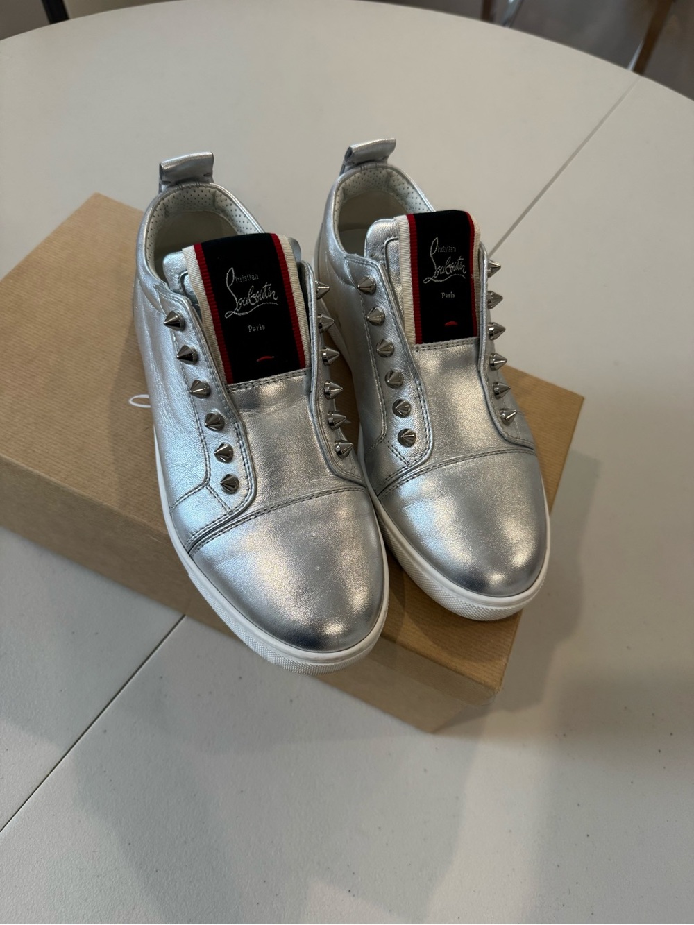 Christian Louboutin Silver Metallic Stud-Trim Slip-On Sneakers